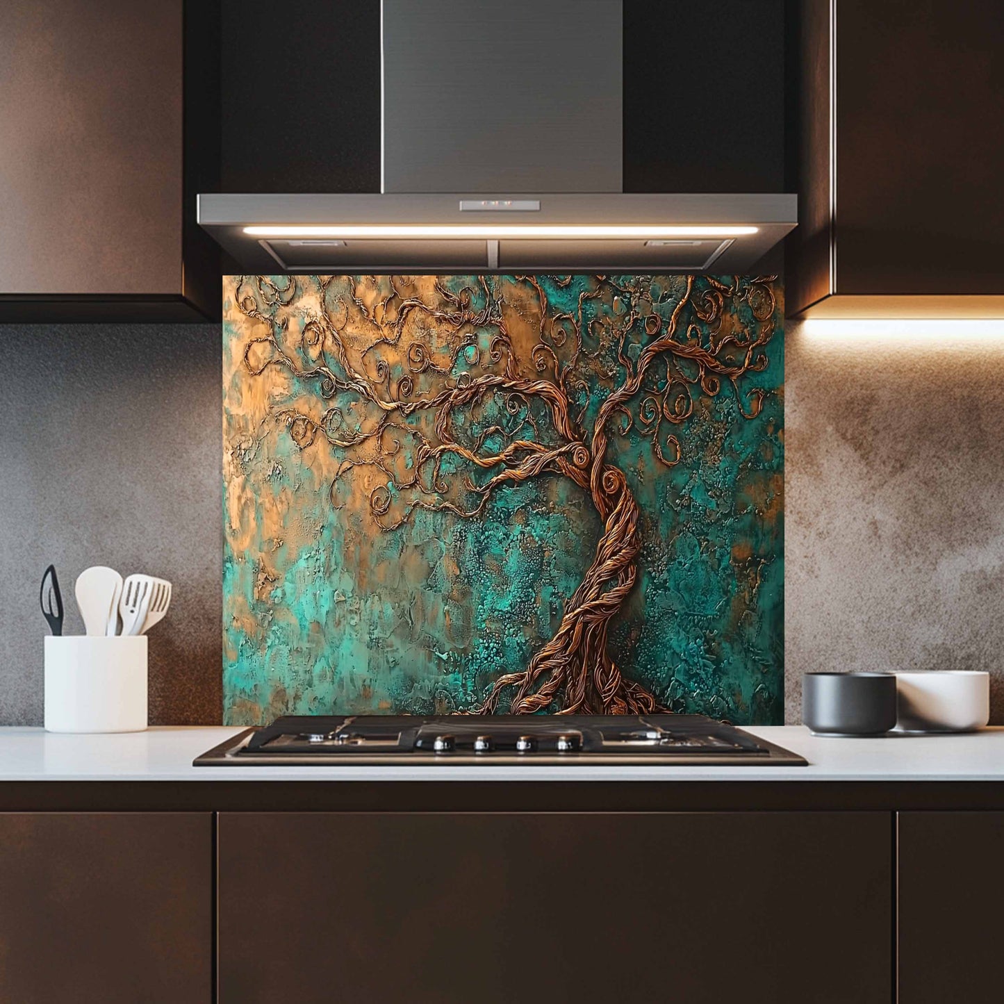 Kitchen with decorative tree backsplash above a stove