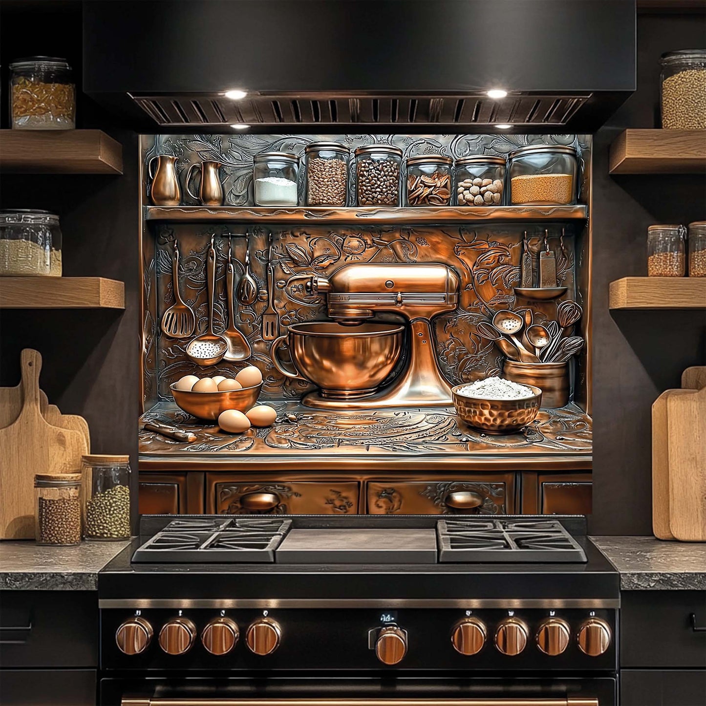 Tempered glass backsplash with copper vintage mixer, flour, eggs, and utensils – rustic baking kitchen decor panel