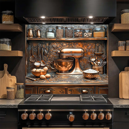 Tempered glass backsplash with copper vintage mixer, flour, eggs, and utensils – rustic baking kitchen decor panel