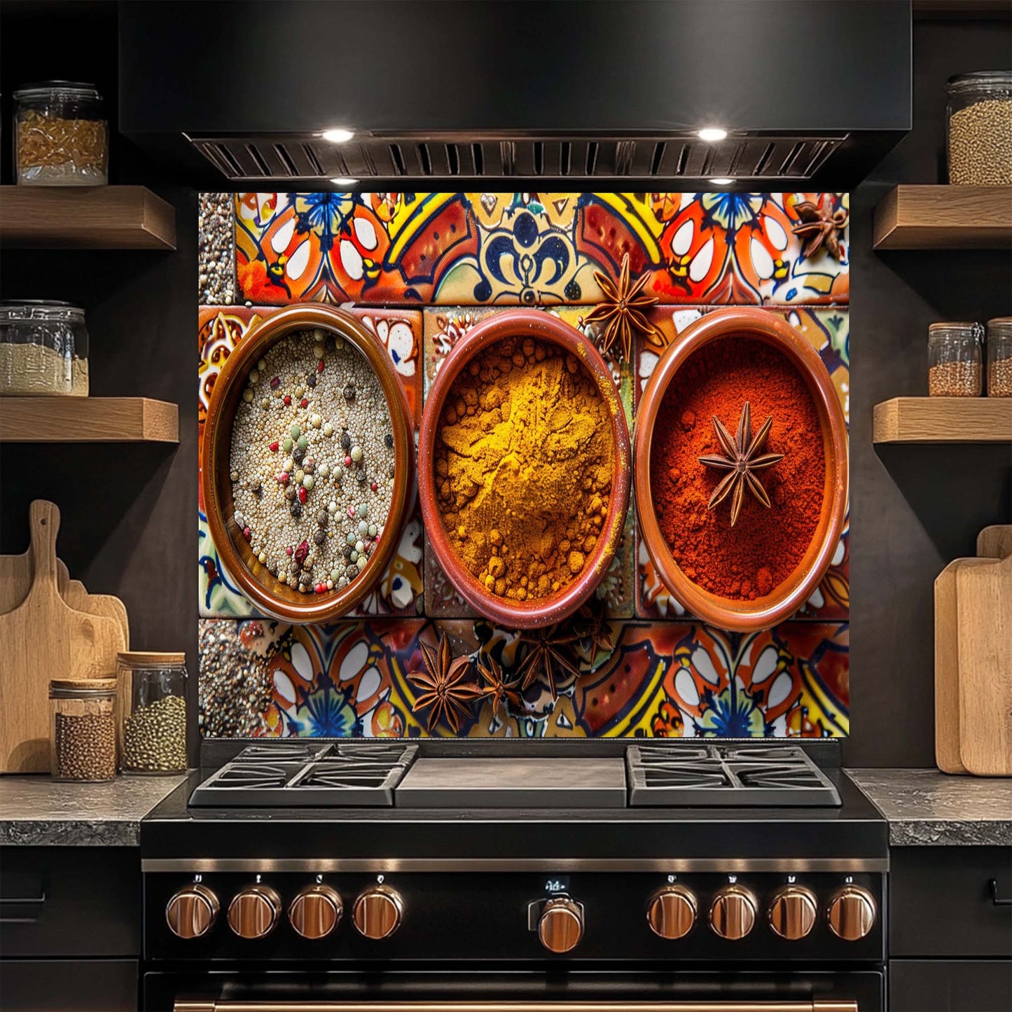 Decorative glass backsplash with spices in front of a stove in a kitchen.