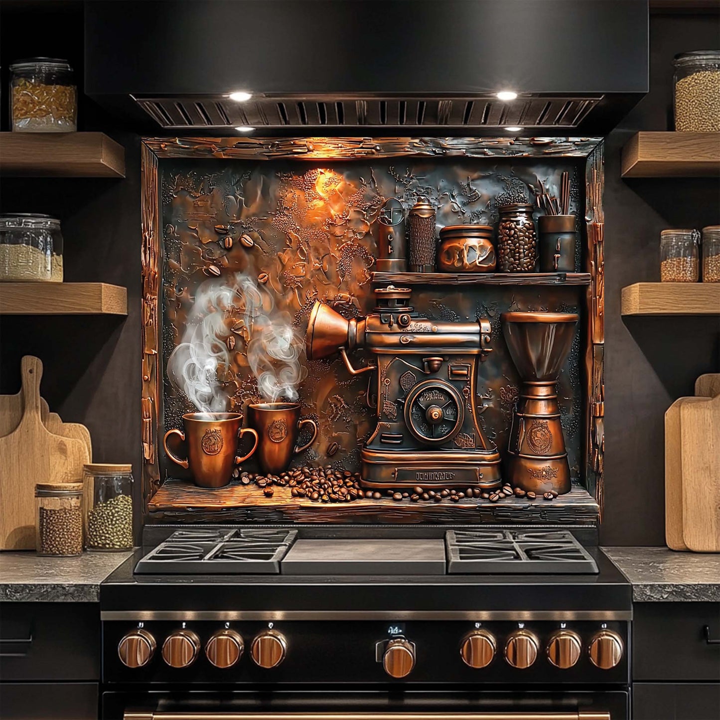 Copper coffee machine and steaming mugs – tempered glass backsplash for kitchen and stove wall.