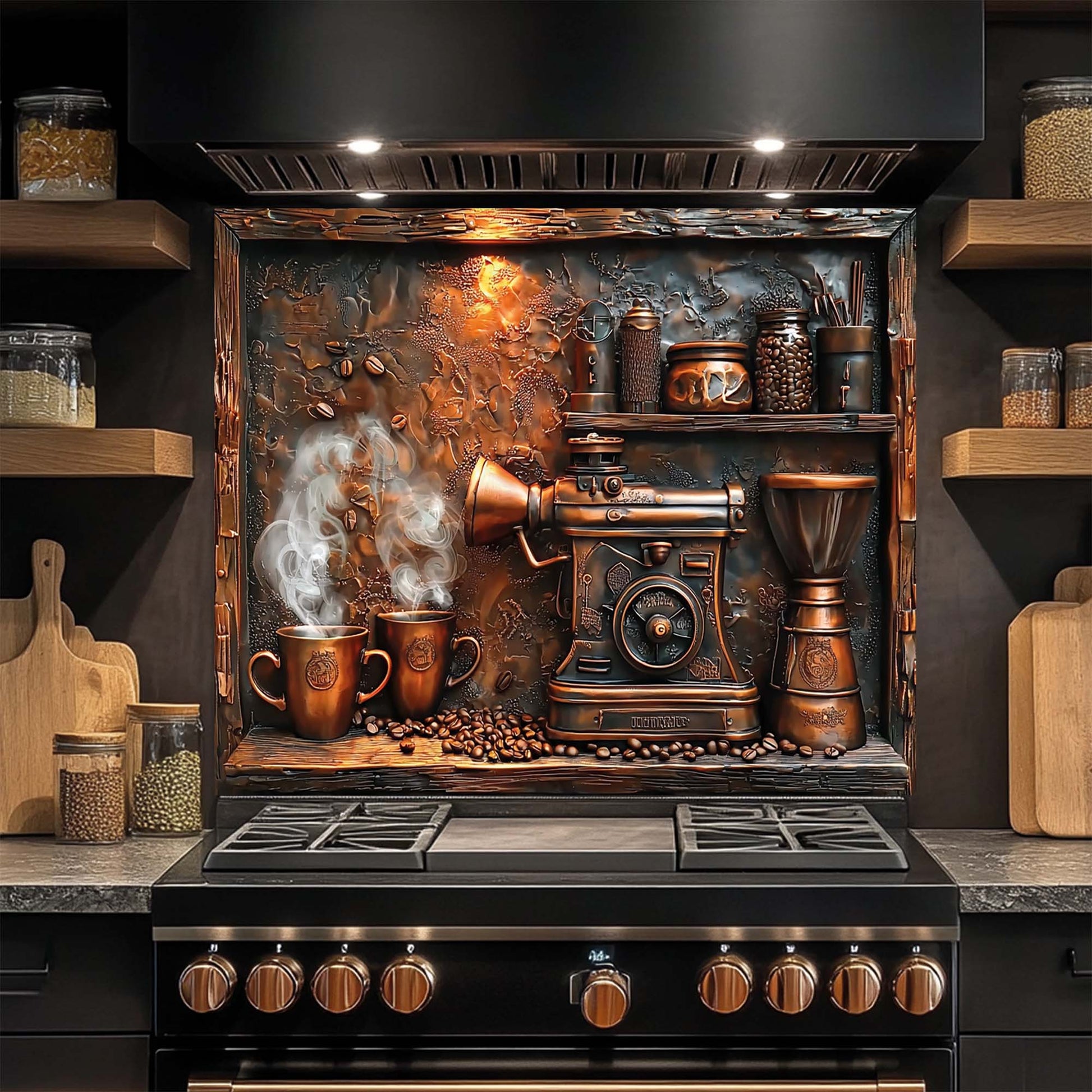 Copper coffee machine and steaming mugs – tempered glass backsplash for kitchen and stove wall.