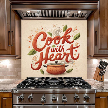 Stainless steel gas stove with decorative backsplash featuring the text 'Cook with Heart' in a kitchen setting.