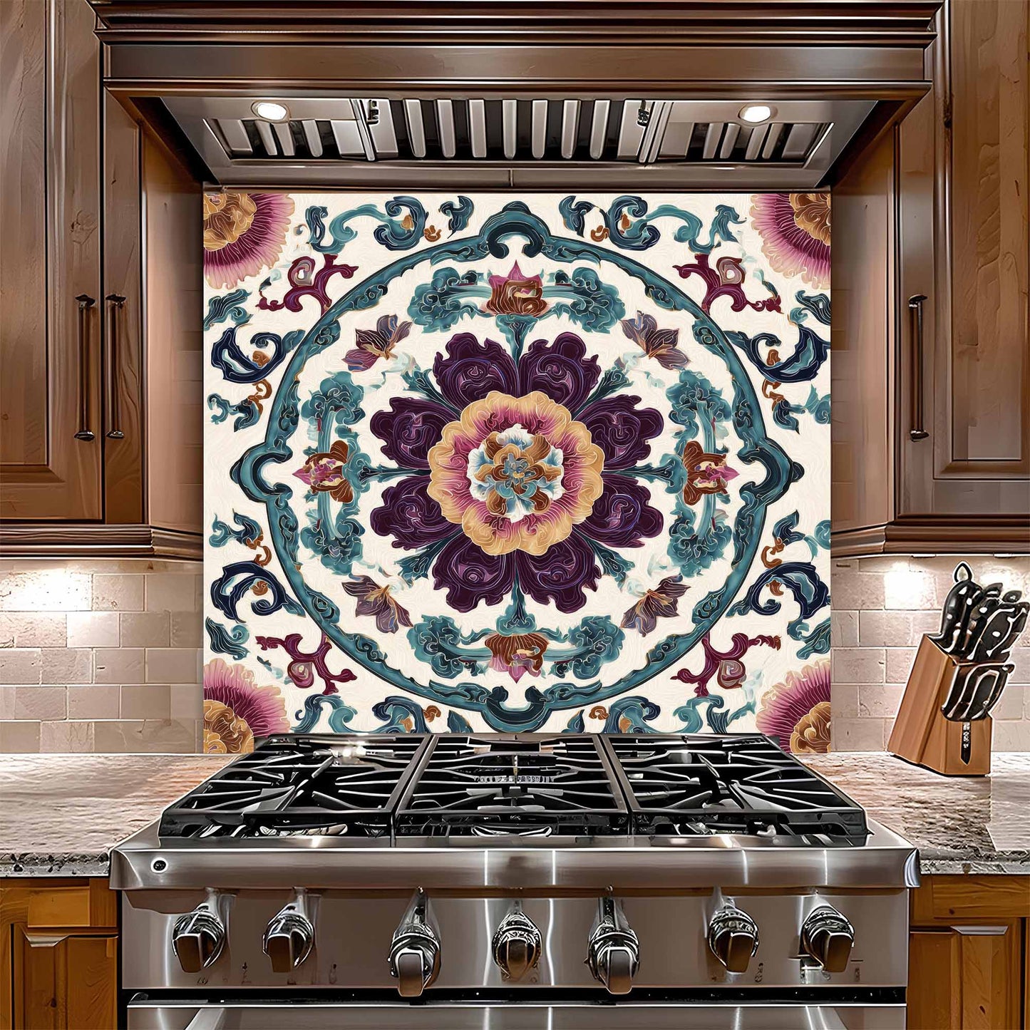 Decorative glass backsplash with intricate floral pattern above a stainless steel stove in a kitchen.