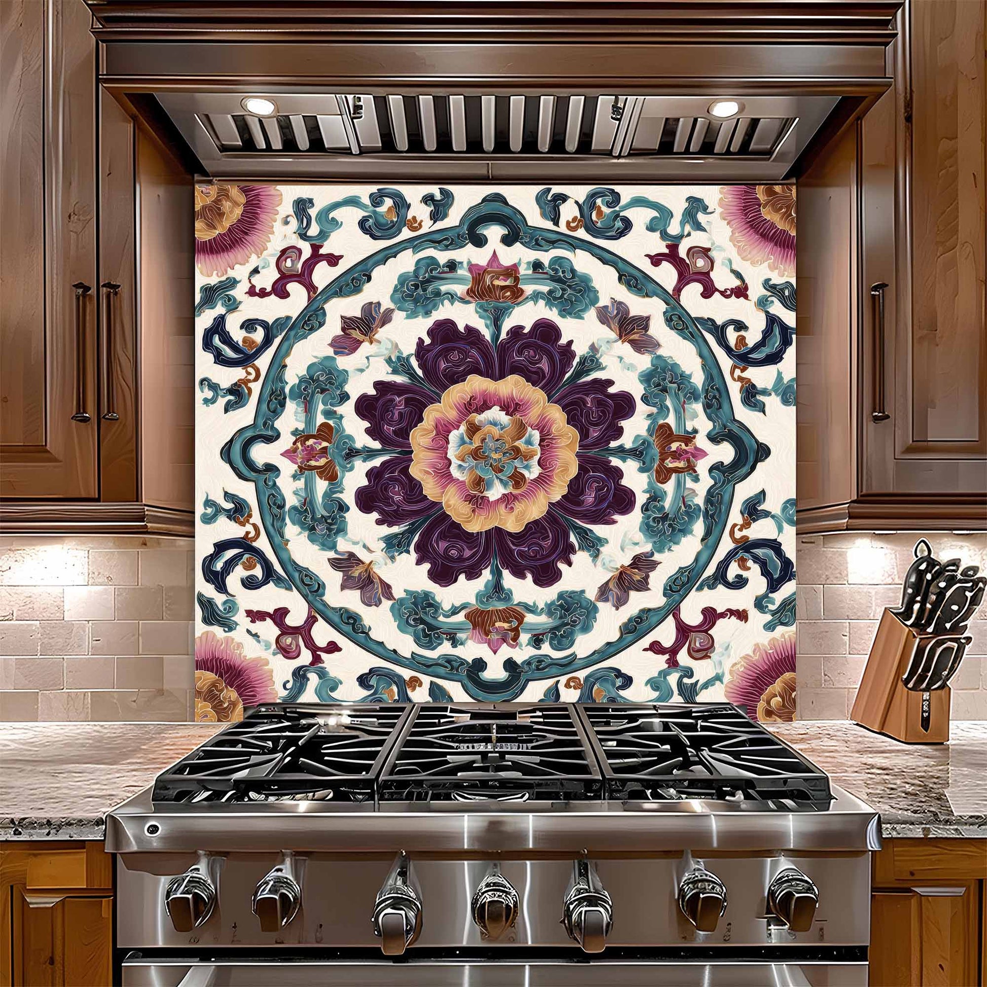 Decorative glass backsplash with intricate floral pattern above a stainless steel stove in a kitchen.