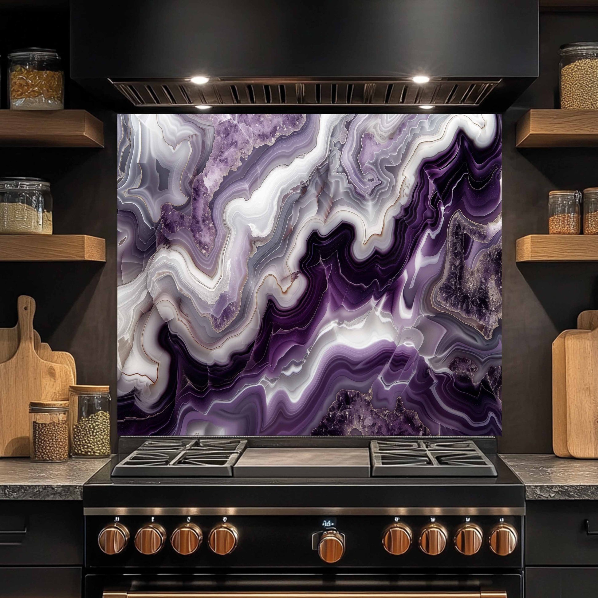 Stainless steel stove with a purple and white marbled backsplash in a kitchen setting.