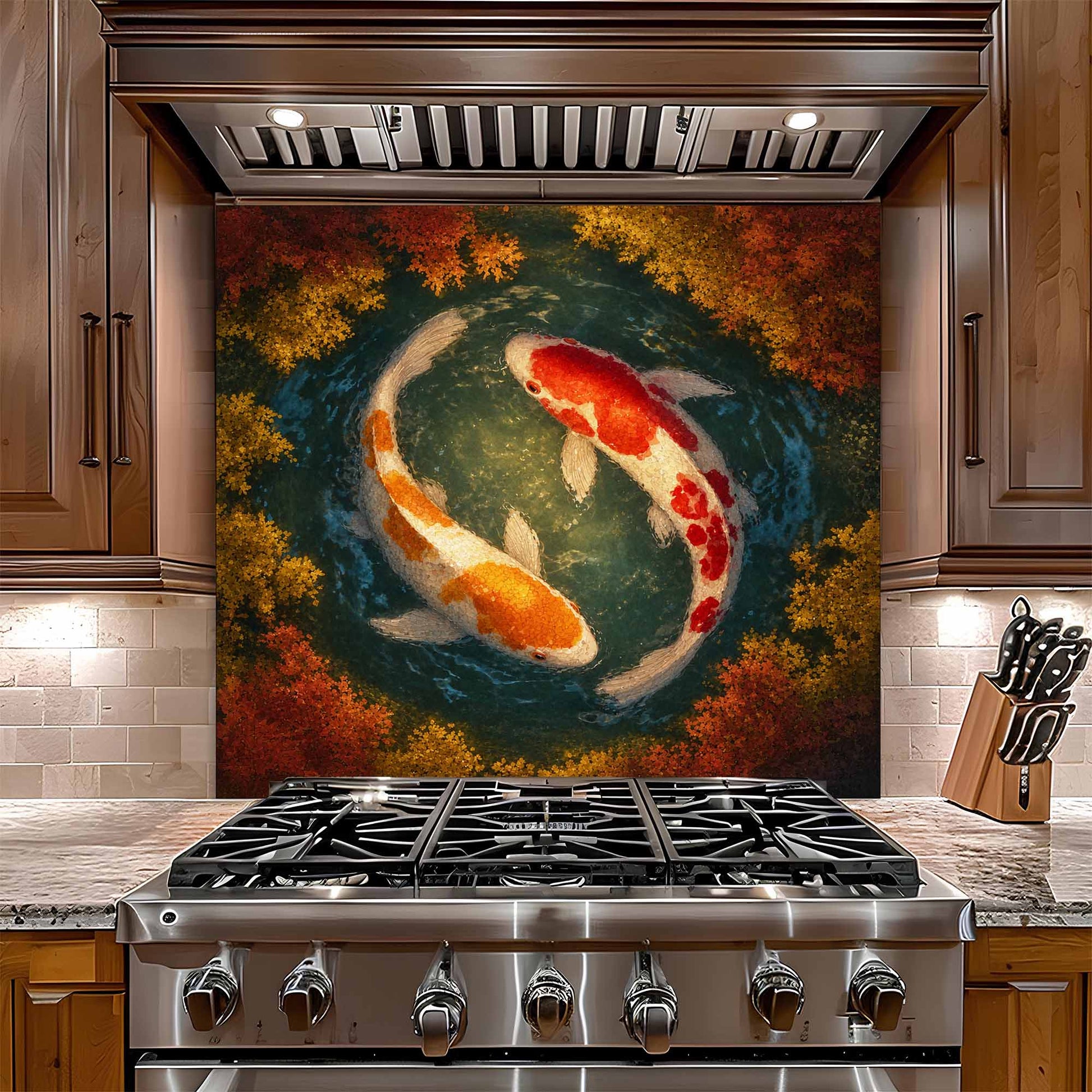 Stainless steel gas stove with a decorative glass backsplash featuring two koi fish in water.