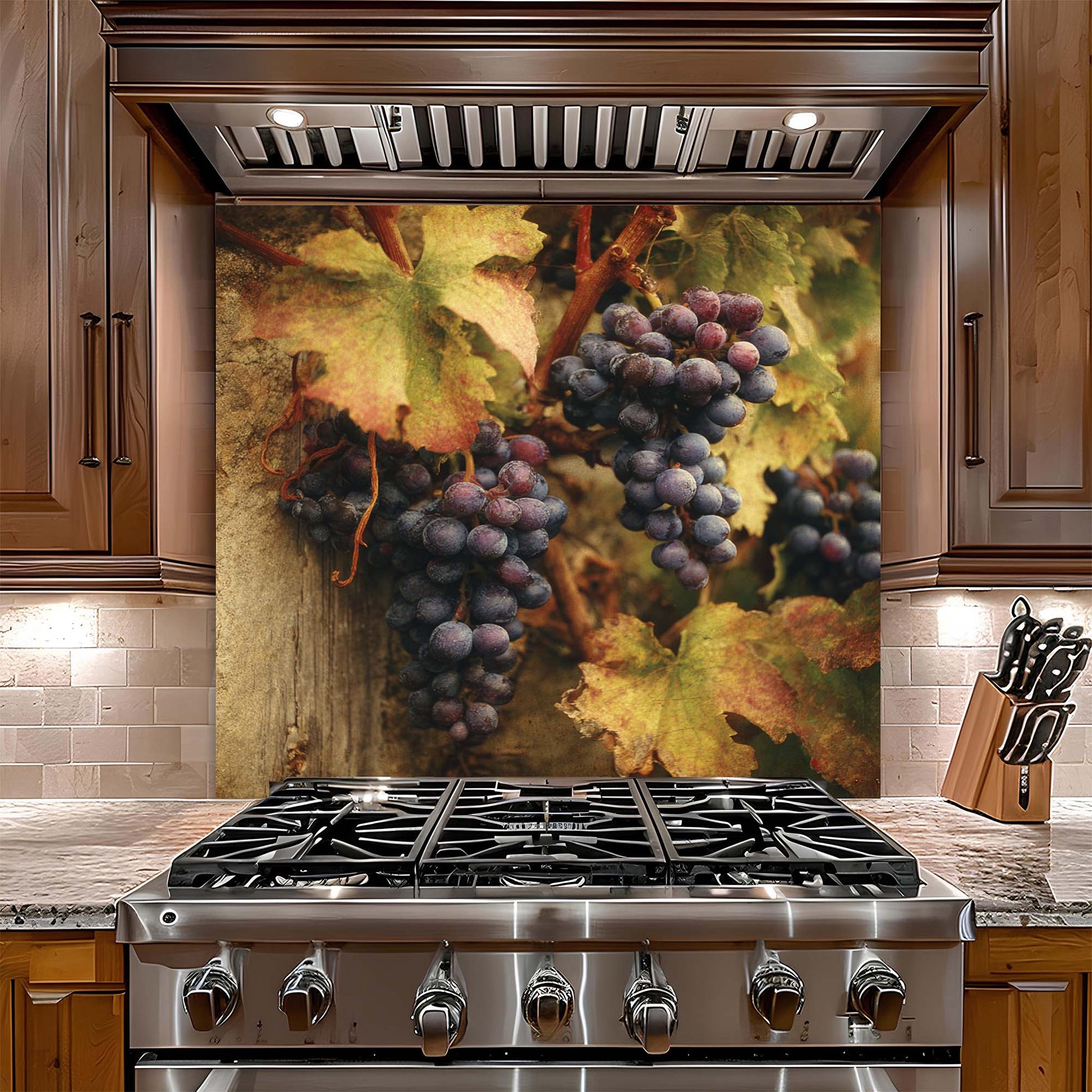 Stainless steel gas stove with decorative glass backsplash of grapes and leaves in a kitchen setting.