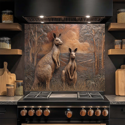 Kitchen stove with a decorative glass backsplash featuring kangaroos in a natural setting.
