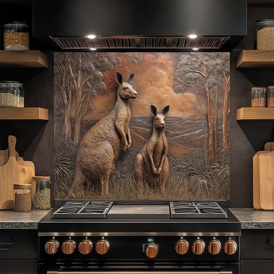 Kitchen stove with a decorative glass backsplash featuring kangaroos in a natural setting.