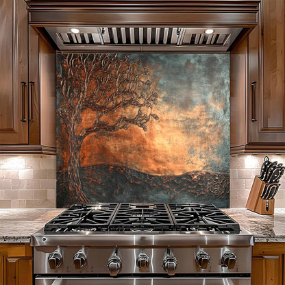 Stainless steel gas stove with decorative glass backsplash in a kitchen setting
