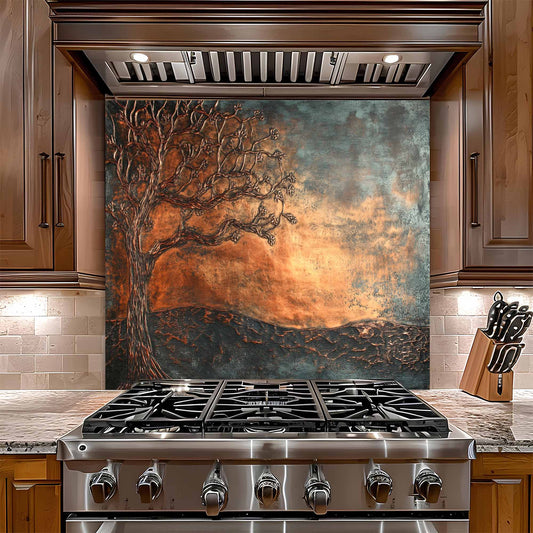 Stainless steel gas stove with decorative glass backsplash in a kitchen setting