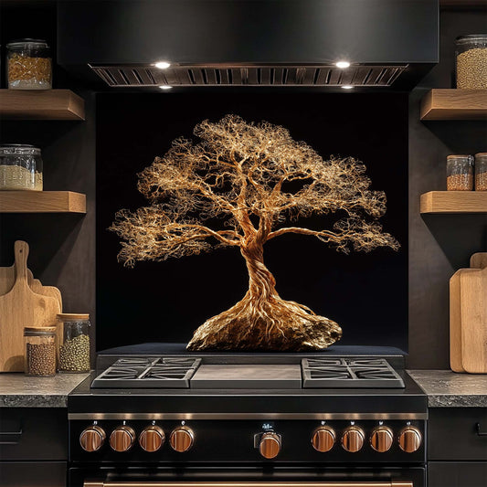 Striking gold wire tree design glass backsplash. Glossy tempered glass, heat-resistant, custom size available.