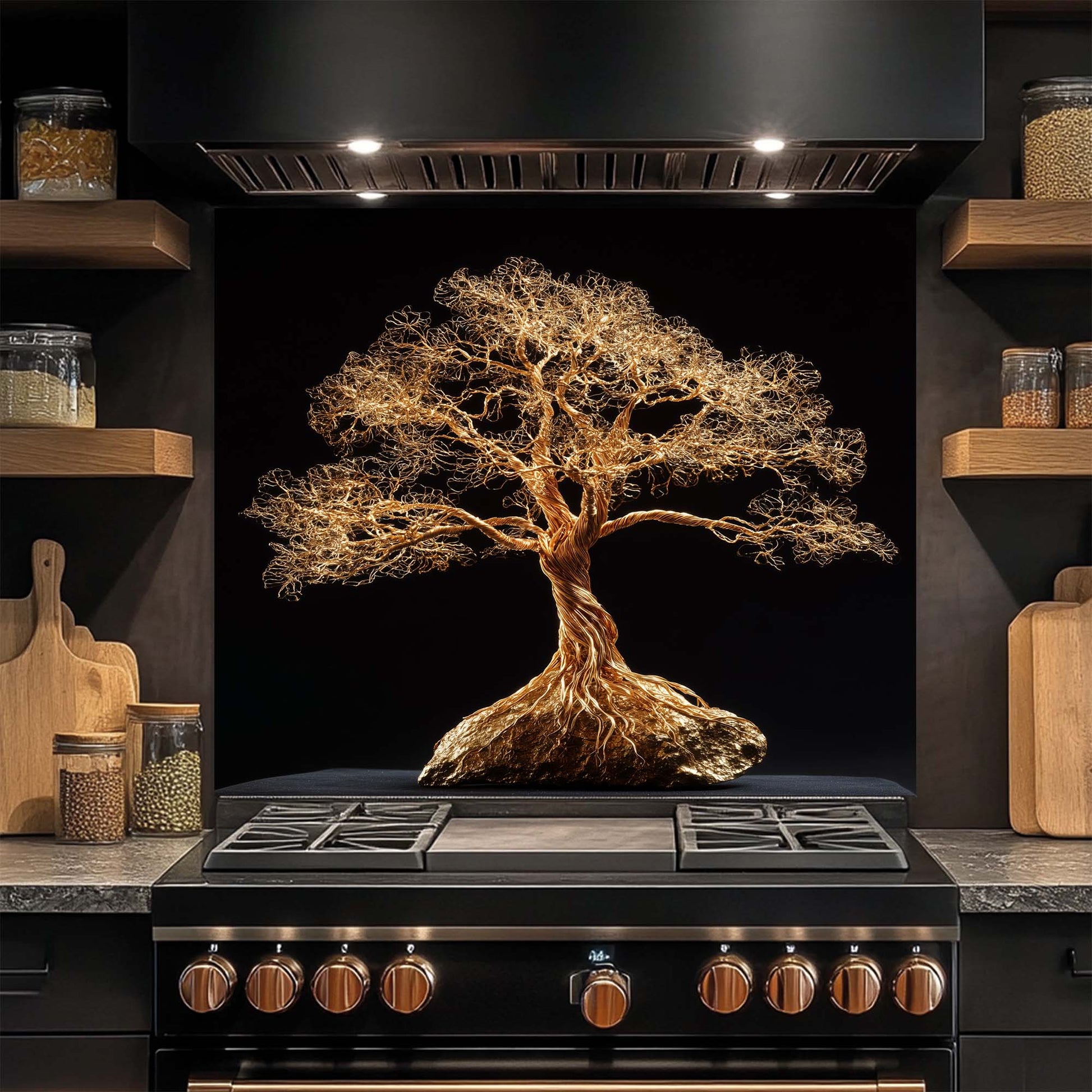 Striking gold wire tree design glass backsplash. Glossy tempered glass, heat-resistant, custom size available.