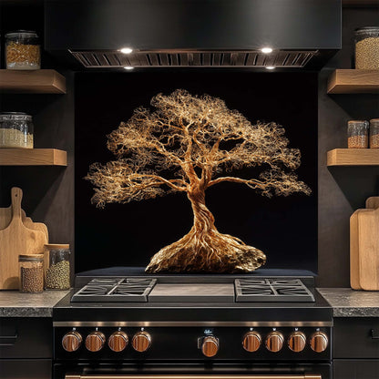 Striking gold wire tree design glass backsplash. Glossy tempered glass, heat-resistant, custom size available.