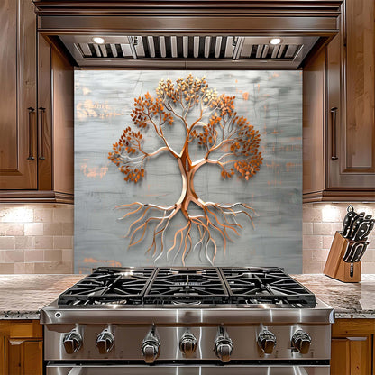 Stainless steel stove with decorative metal tree backsplash in a kitchen setting