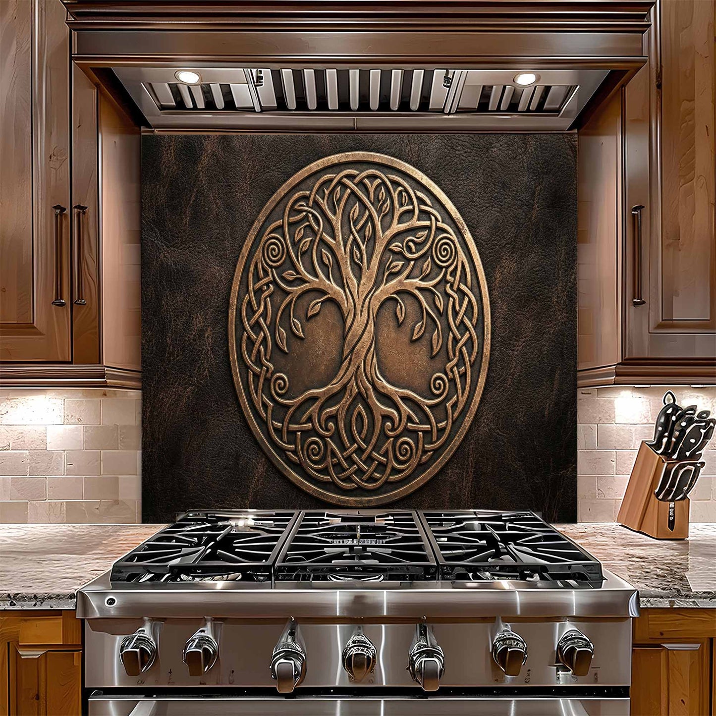 Stainless steel gas stove with decorative glass backsplash in a kitchen setting