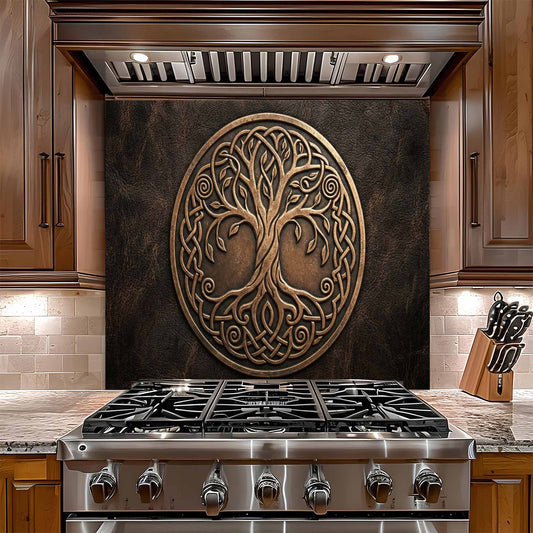 Stainless steel gas stove with decorative glass backsplash in a kitchen setting