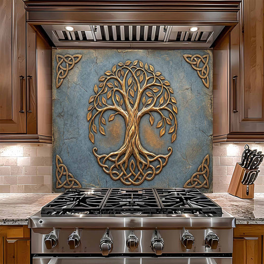Stainless steel gas stove with decorative glass backsplash featuring a tree design in a kitchen setting.