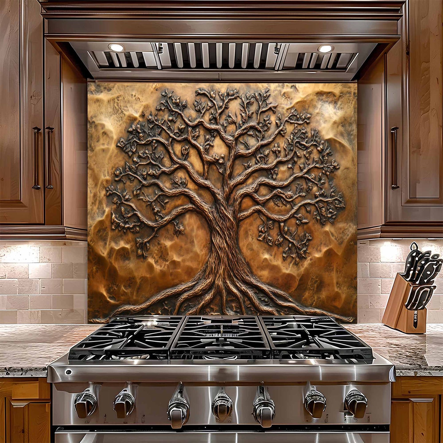 Stainless steel stove with decorative tree glass backsplash in a kitchen setting