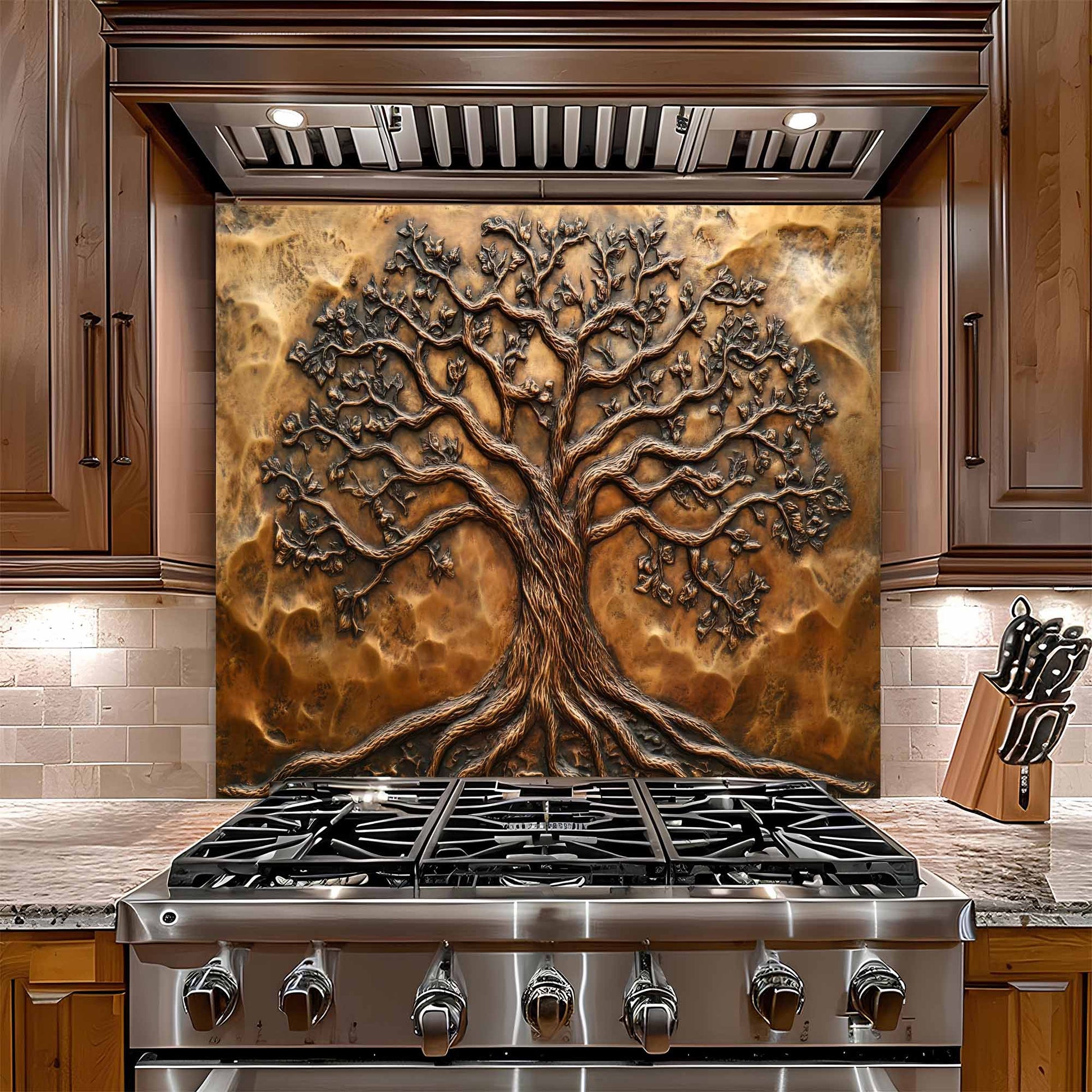 Stainless steel stove with decorative tree glass backsplash in a kitchen setting