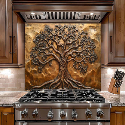Stainless steel stove with decorative tree glass backsplash in a kitchen setting