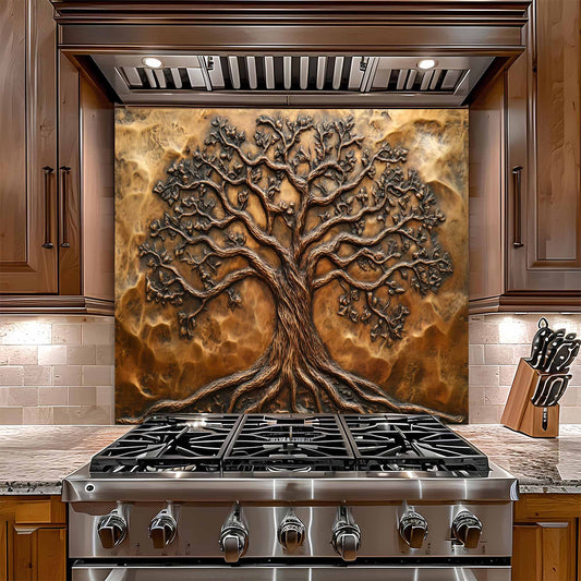 Stainless steel stove with decorative tree glass backsplash in a kitchen setting