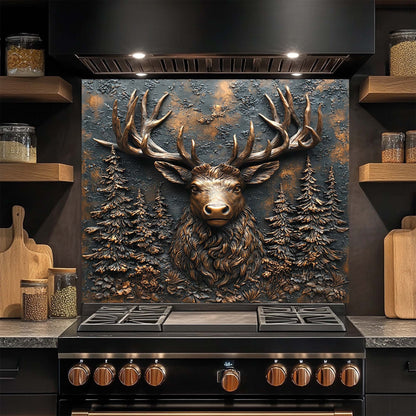 Decorative glass backsplash with a deer head design above a stove in a kitchen.