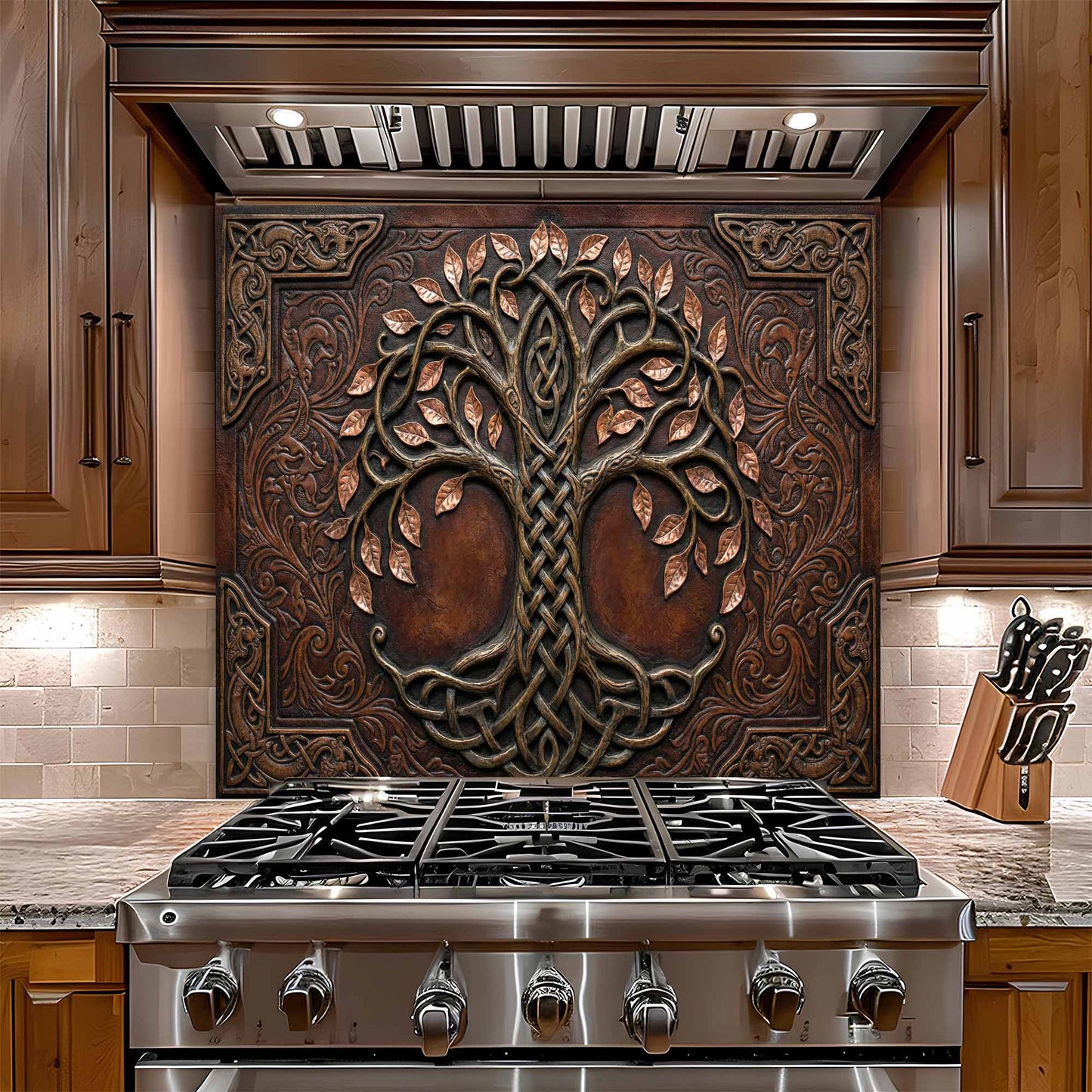 Stainless steel gas stove with decorative glass backsplash in a kitchen setting