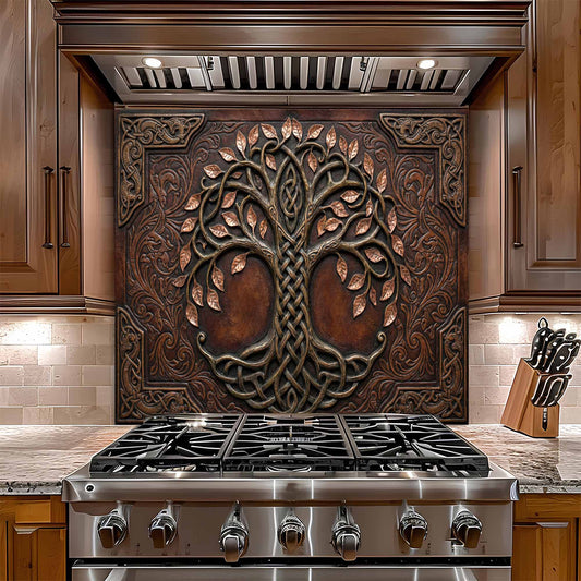Stainless steel gas stove with decorative glass backsplash in a kitchen setting