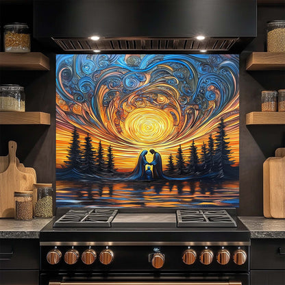 Decorative glass splashback with abstract design of a couple embracing by a lake, installed above a stove in a kitchen.