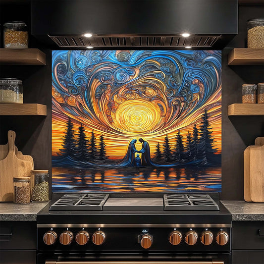 Decorative glass splashback with abstract design of a couple embracing by a lake, installed above a stove in a kitchen.