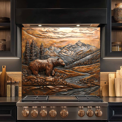Stainless steel stove with decorative mountain scene backsplash