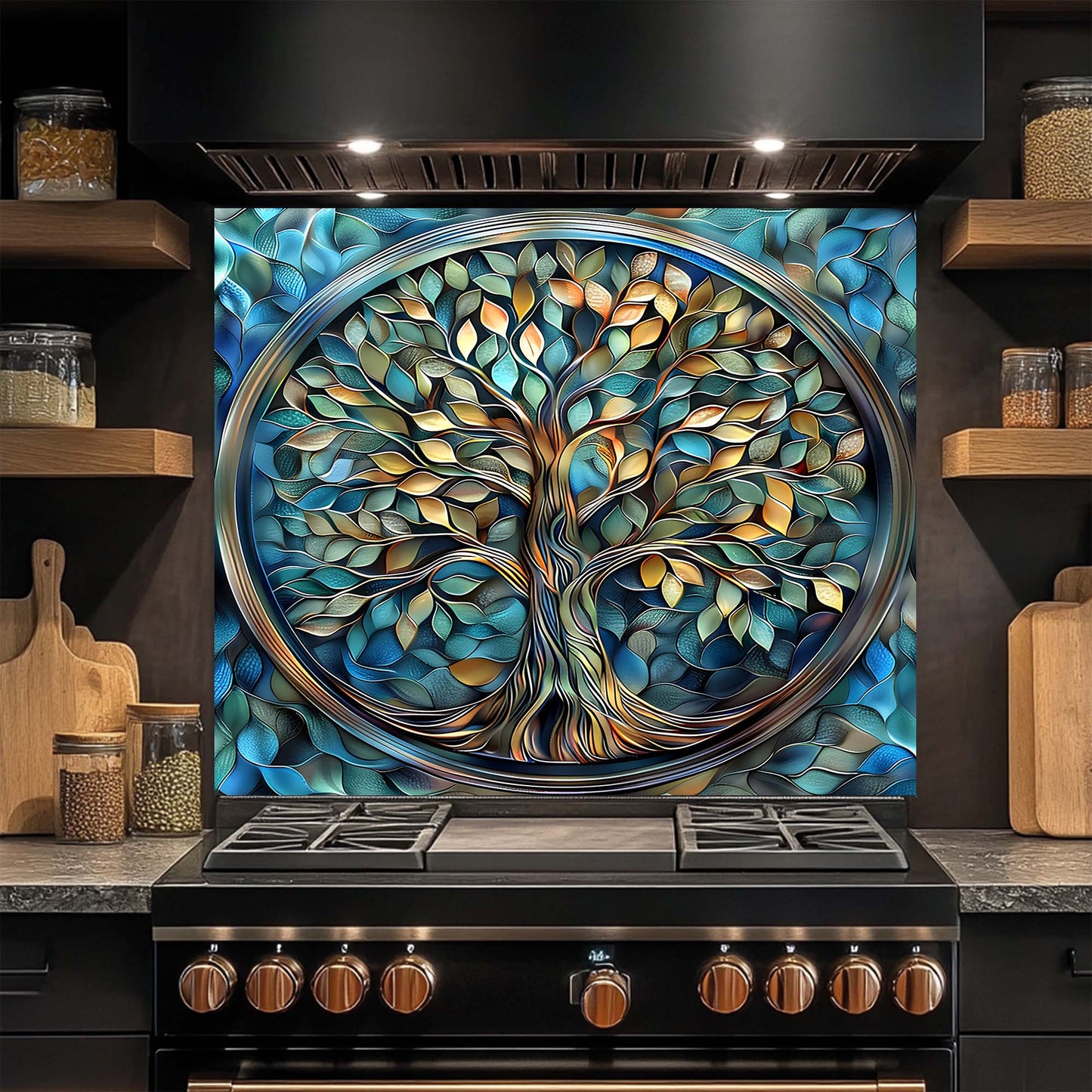 Decorative backsplash with a tree of life design above a stove in a kitchen.