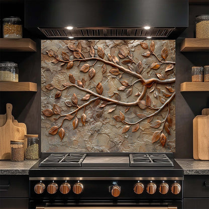 Stainless steel stove with decorative glass backsplash featuring leaf patterns in a kitchen setting.