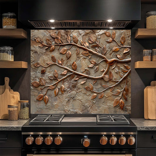 Stainless steel stove with decorative glass backsplash featuring leaf patterns in a kitchen setting.