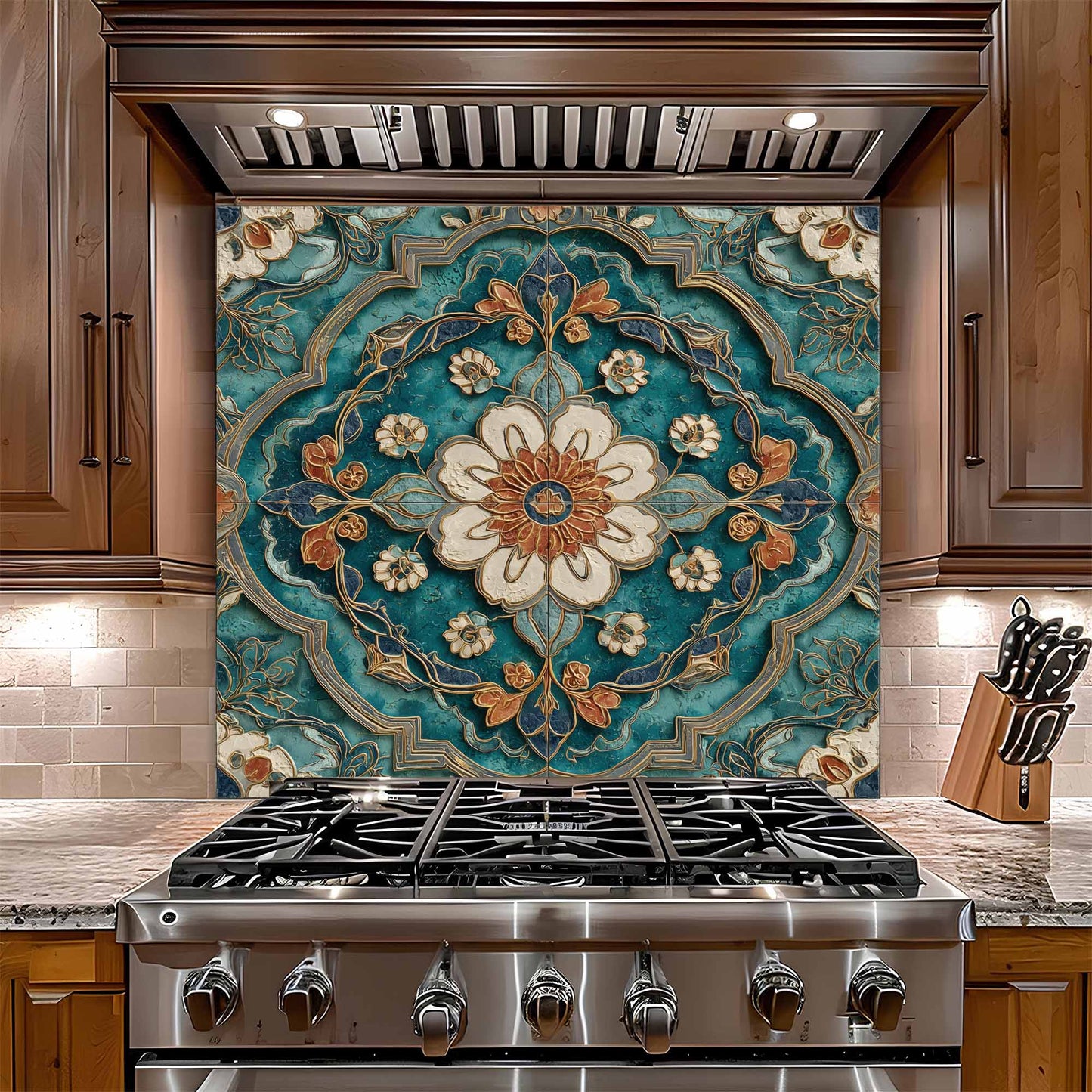 Stainless steel gas stove with decorative glass backsplash in a kitchen setting