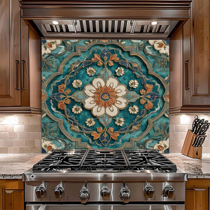 Stainless steel gas stove with decorative glass backsplash in a kitchen setting
