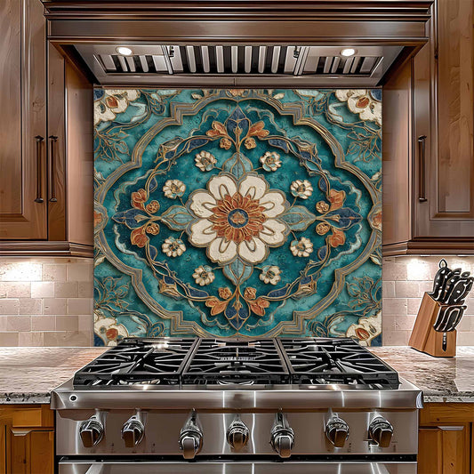 Stainless steel gas stove with decorative glass backsplash in a kitchen setting