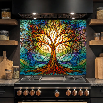 Colorful stained glass-style tree design on a kitchen stove backsplash.