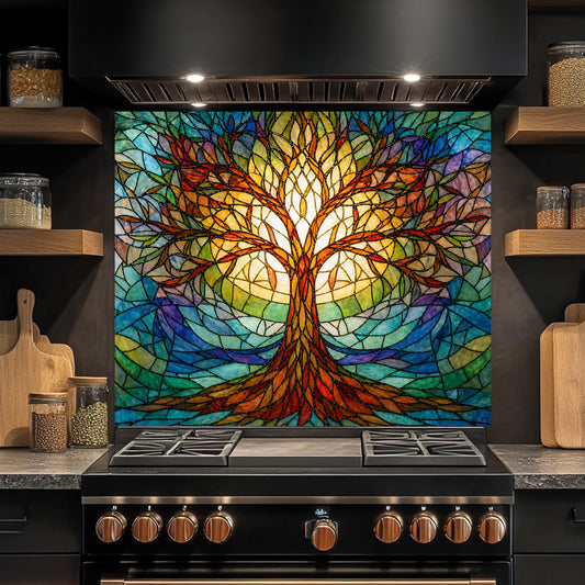 Colorful stained glass-style tree design on a kitchen stove backsplash.