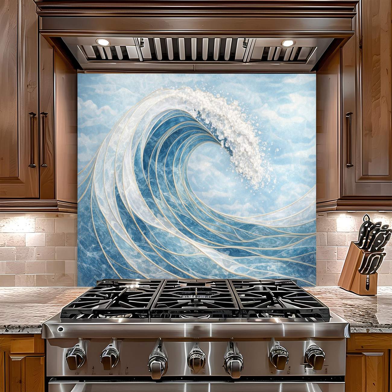 Stainless steel gas stove with a decorative backsplash of a wave design in a kitchen setting.