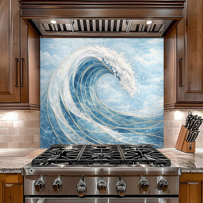 Stainless steel gas stove with a decorative backsplash of a wave design in a kitchen setting.