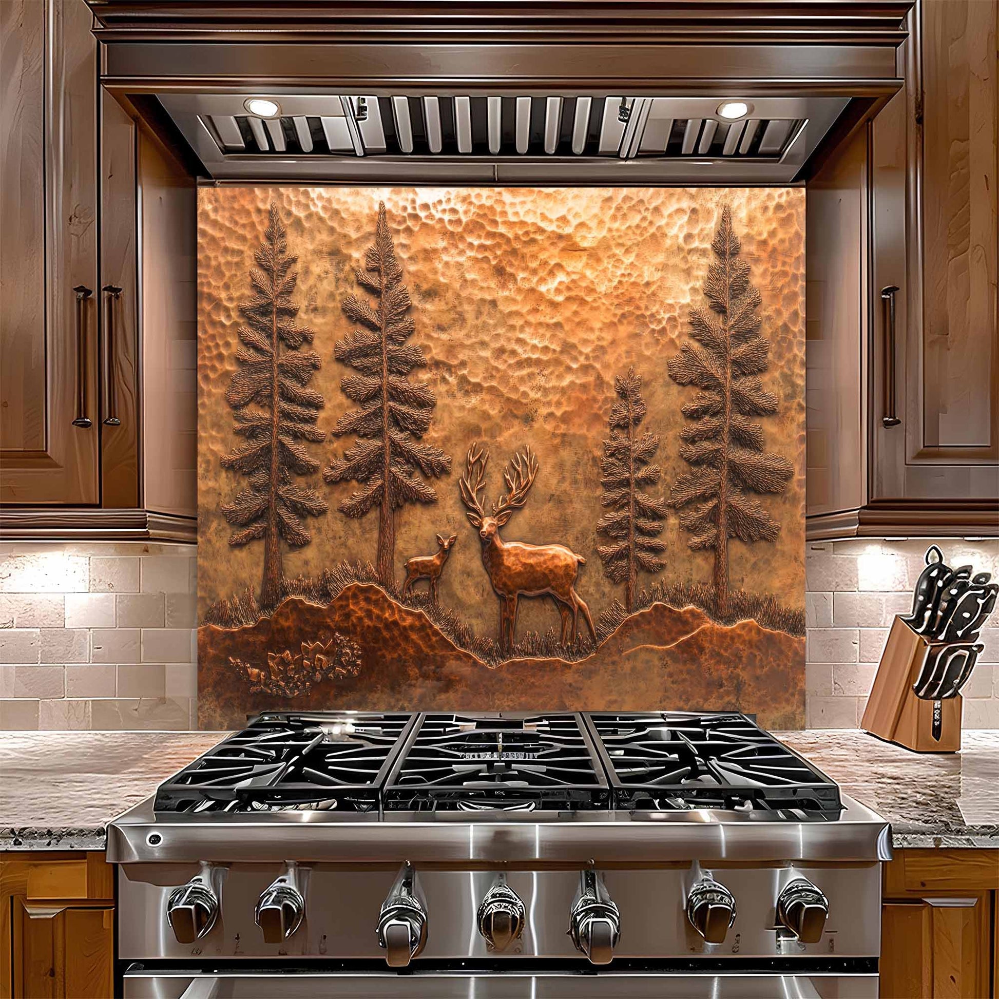 Stainless steel gas stove with decorative glass backsplash featuring a deer and trees in a forest scene.