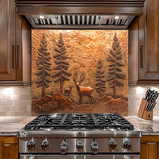 Stainless steel gas stove with decorative glass backsplash featuring a deer and trees in a forest scene.