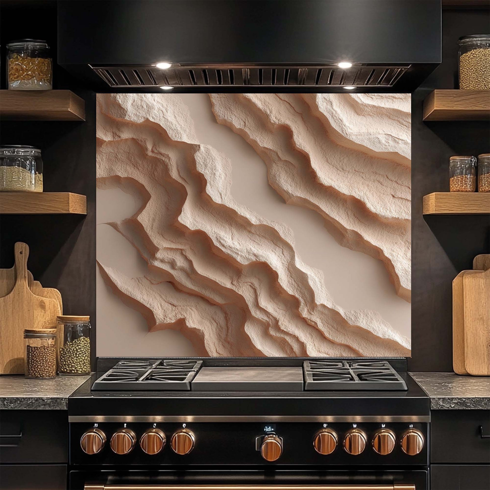 Modern kitchen stove with decorative glass backsplash and wooden shelves.