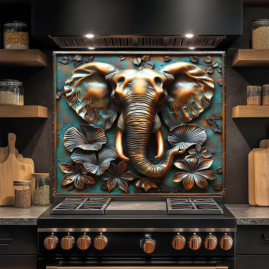 Decorative glass backsplash of an elephant on a kitchen stove