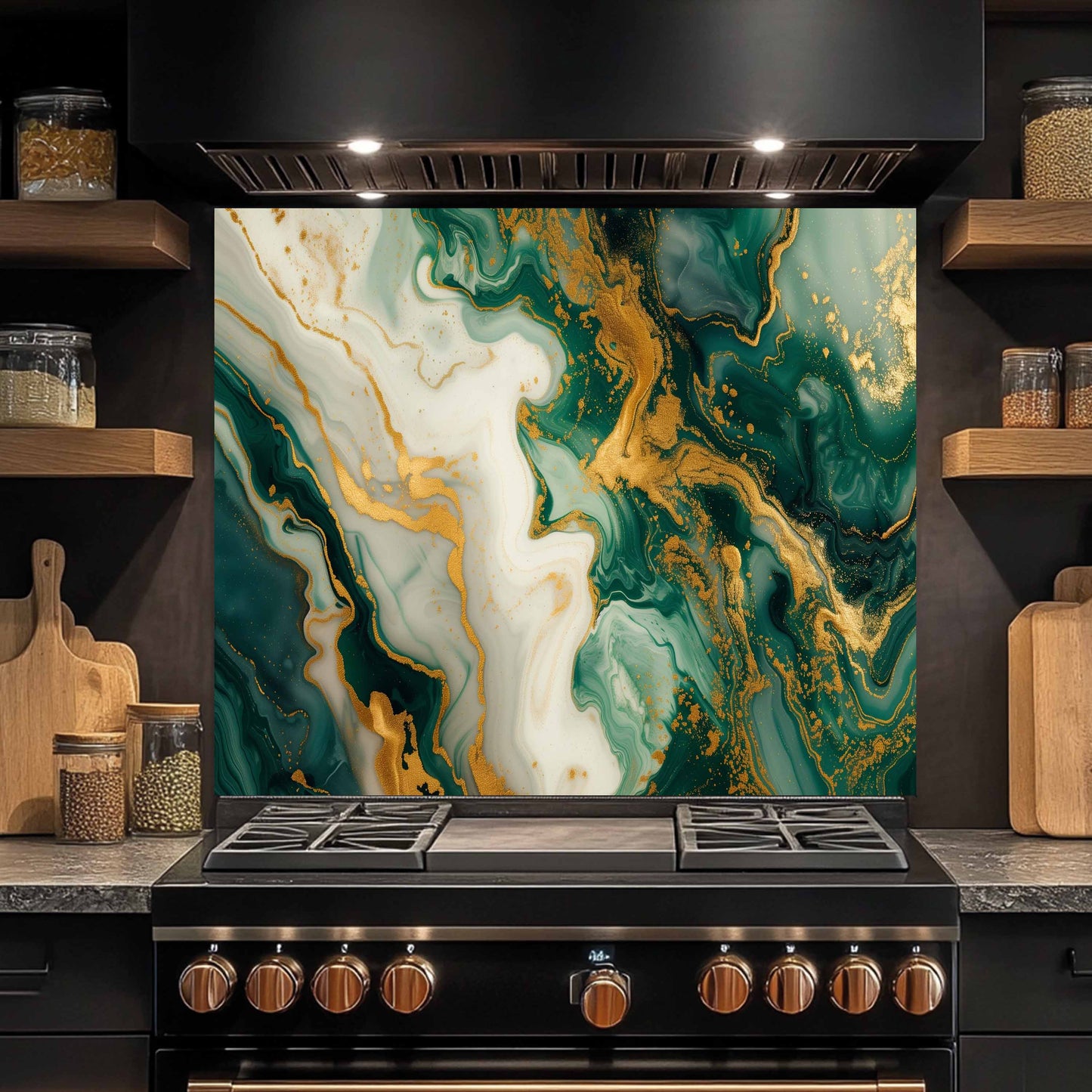 Stainless steel range with a decorative backsplash featuring green and gold marbled pattern in a kitchen setting.