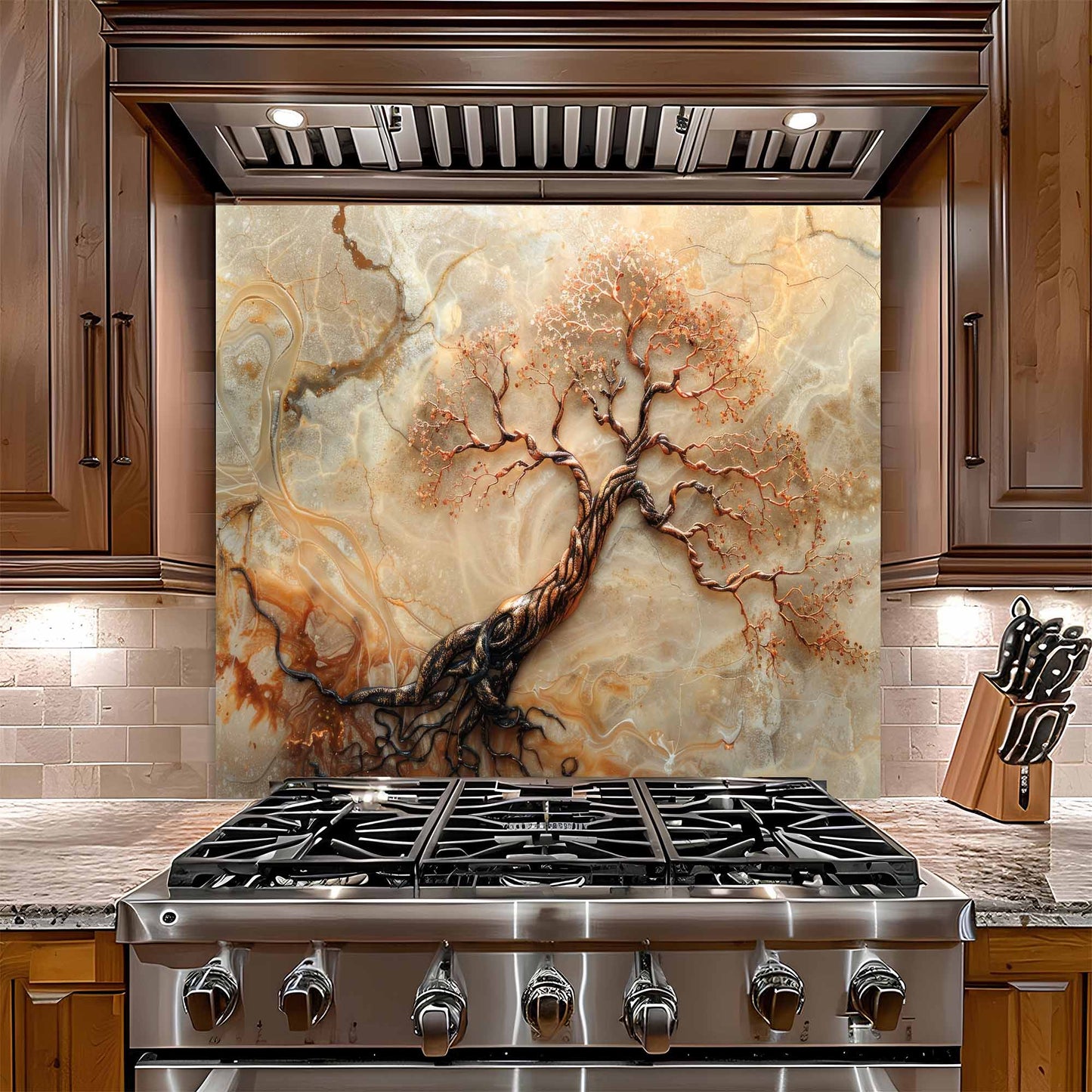 Stainless steel gas stove with decorative glass backsplash in a kitchen setting