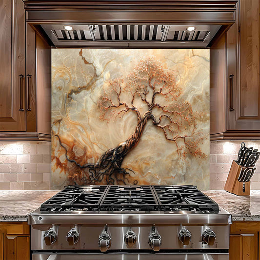 Stainless steel gas stove with decorative glass backsplash in a kitchen setting